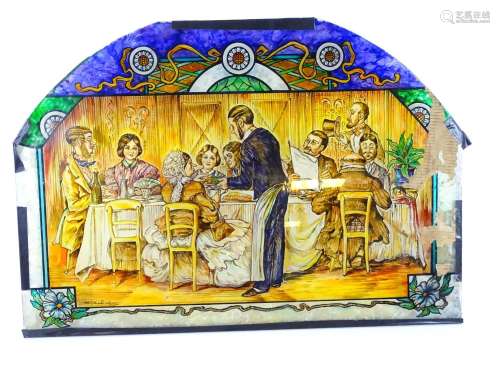 Garden & Architectural, Salvage: a painted glass panel depicting a Victorian dining scene, signed '