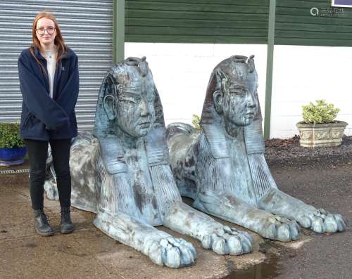 Garden & Architectural, Salvage: a pair of late 20thC large scale cast bronze sphinx statues, each