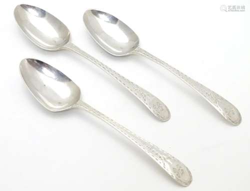 Three Geo III old English pattern teaspoons with engine turned decoration. Hallmarked London 1783