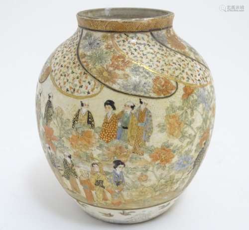 A Japanese Satsuma vase with hand painted decoration depicting figures, geisha girls etc. in a