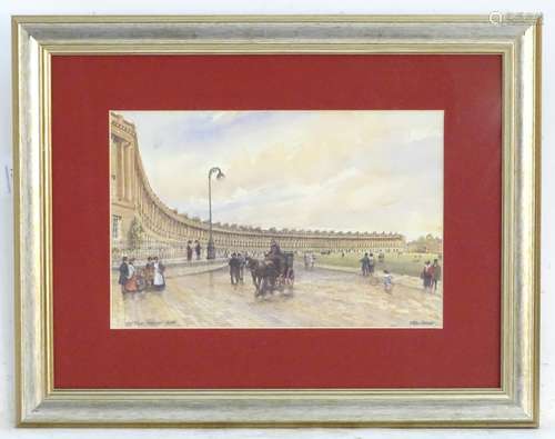 J. MacDonald, XIX-XX, Coloured print, The Royal Crescent, Bath, with figures selling fruit, a