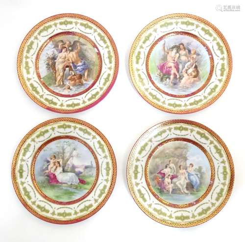 Four Royal Vienna plates depicting mythological figures to include Cupid and Psyche, Neptune and