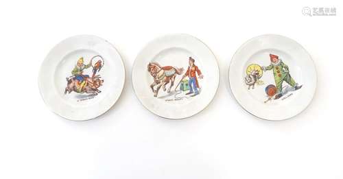 Three Morley, Fox & Co. children's circus plates, comprising, A Piggie Back, with a circus figure