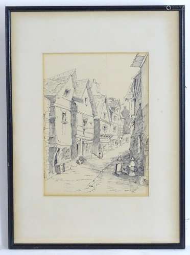 Denys J. G. Line, XX, Pen and ink drawing, A street scene with figures. Signed and dated 1932