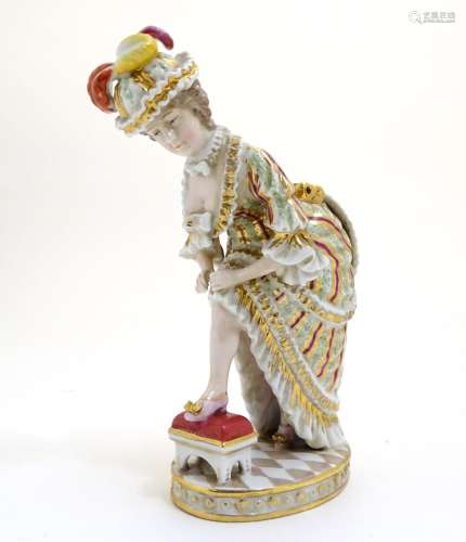 A Russian Gardner figure modelled as a risque lady wearing a hat with plumes and ruffled dress her