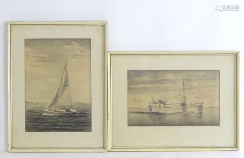 S. J. Johansson, XX, Two pencil drawings on paper, A sailing boat, and a fishing boat. Both signed