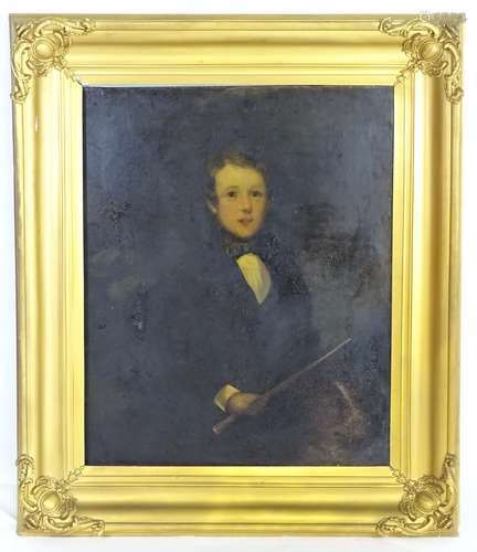 XIX, English School, Oil on canvas, A portrait of a young boy holding a stick with his dog.