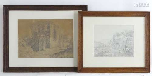 Two XIX pencil drawings with figures outside ruins. Signed lower, one dated 1878. Largest approx. 10