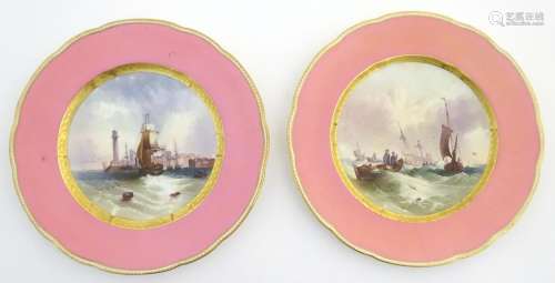 A pair of early 20thC Copeland marine dessert plates, one with a view of Margate, with ships and a