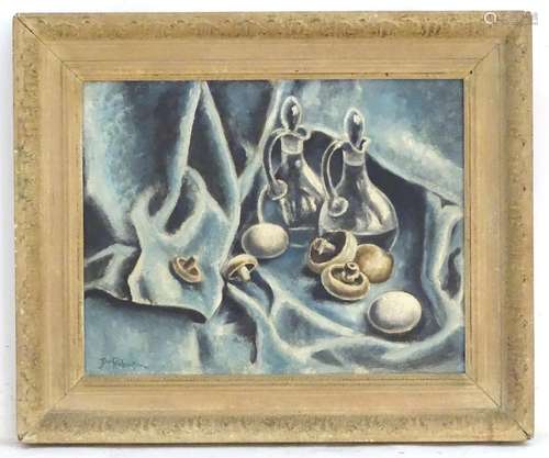 Joan Robinson (1943-1966), English School, Oil on board, Still life with mushrooms and two