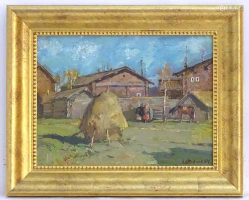 Vladimir Stozharov (1926-1973), Russian School, Oil on canvas, A rural scene with a haystack in a