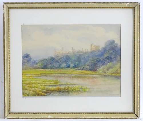 Indistinctly signed, XIX-XX, Watercolour, View of Windsor with cattle by river. Approx. 9 3/4