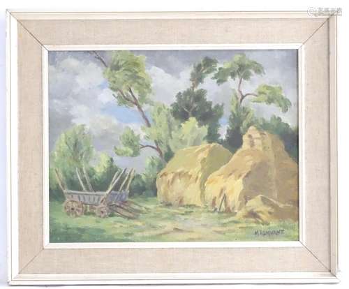 M. Remnant, XX, Oil on canvas, Hayricks / haystacks in a field. Signed lower. Approx. 13 1/2