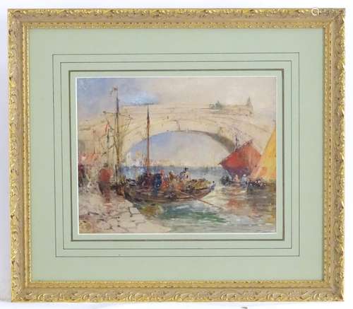 Thomas Bush Hardy, Watercolour, Venetian scene with bridge, gondolas and figures by the canal.