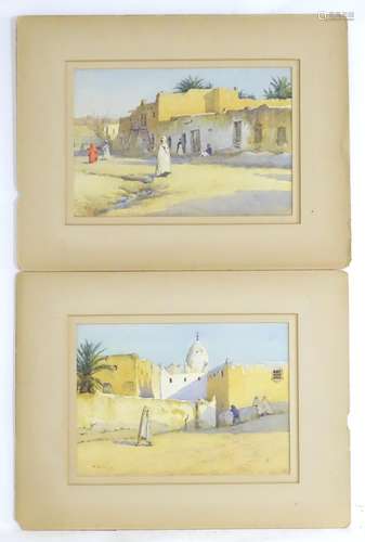 Adolf Campbell Meyez, Watercolour, North Africa scenes with figures outside city walls. Signed