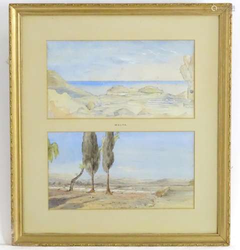 A pair of 1878 Maltese watercolour views framed as one. Each approx. 6 3/4