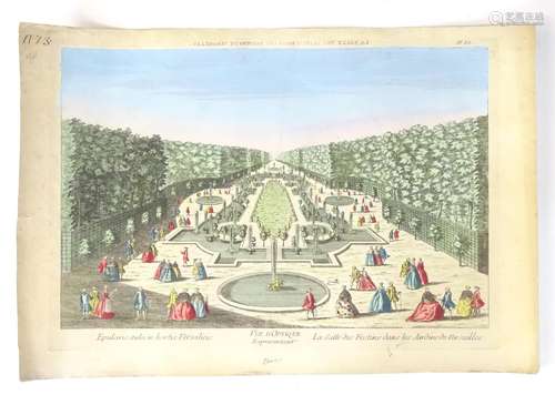 XVIII, Hand coloured engraving, Vue d'Optique Representant La Salle des Festins dans les Jardins