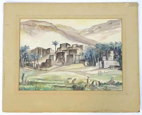 XX, Egyptian School, Watercolour, A view of the town Araba el Madfuna, Abydos, from the River