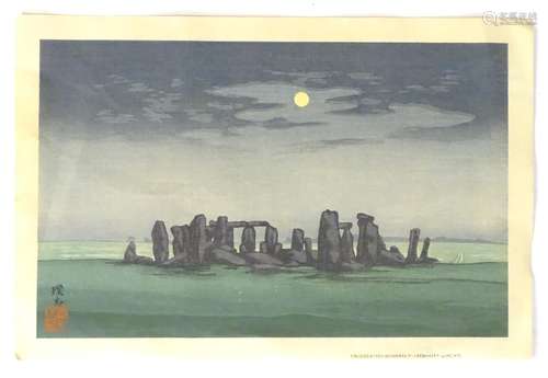 Yoshijiro Urushibara / Mokuchu (1888-1953), Woodblock print, Stonehenge by Moonlight, Seal and