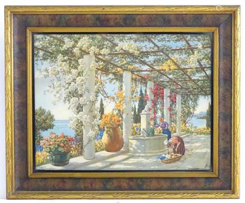 F. Marriott, Lithograph, A French Riviera pergola with figures. Approx. 15