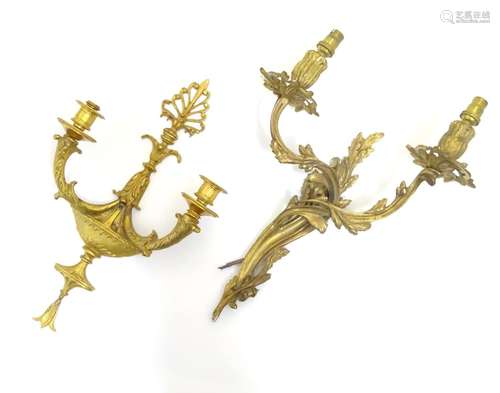 Two gilt wall light sconces , one a Louis XV Style Wall Light Sconce with acanthus scroll detail,