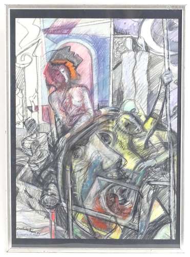 XX, Mixed Media, An Abstract Impressionist street scene with female figures. Signed lower. Approx.