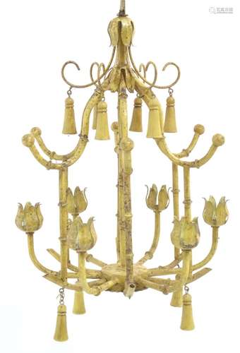 A chinoiserie Tole Peinte chandelier with faux bamboo detail and 6 candle branches. Approx 21