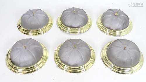 A set of 6 late 20thC ceiling lights of circular form with frosted glass shades. Approx 15