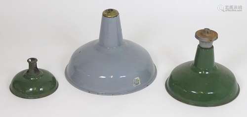 Vintage Retro, Mid Century: three industrial workshop lamp shades, of steel construction with enamel