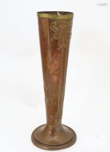A Beldray Art Nouveau copper and brass tapered vase with tendril repousse decoration. Stamped under.