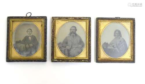 Three Victorian daguerreotype photographic portraits with hand coloured / gilt highlights. To