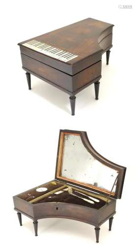 A 19thC Palais Royal music box / etui / necessaire of grand piano form with inlaid detail, a