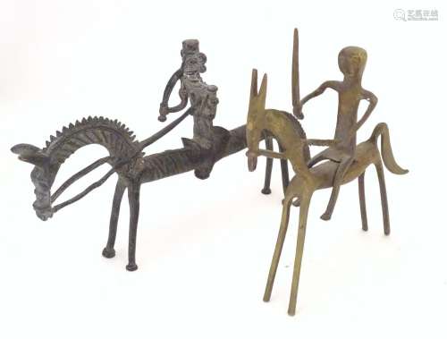 Two Picasso style horse sculptures, an iron example depicting a soldier riding. Approx. 13