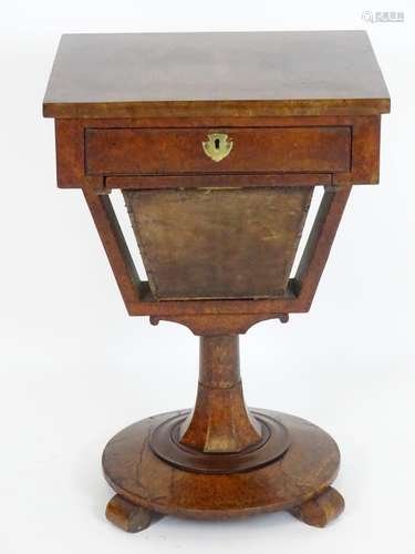 A William IV walnut work box / sewing table with a single short drawer and basket above a turned