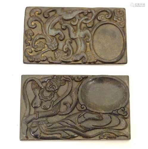 Two Chinese carved stone ink stones, one depicting a dancing figure, the other depicting stylised