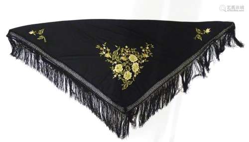 A Victorian black fringed shawl with floral embroidery. Please Note - we do not make reference to