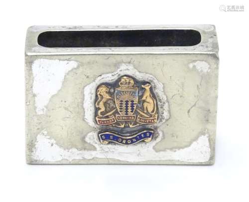 A silver plated match box case / cover having coat of arms to top for the Orient Steam Navigation
