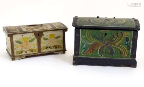 Two late 19th / early 20thC Scandinavian hinged boxes formed as trunks / coffers with domed lids and