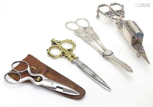 Assorted 19thC and later items to include silver plate grape shears, close plate wick trimmers,