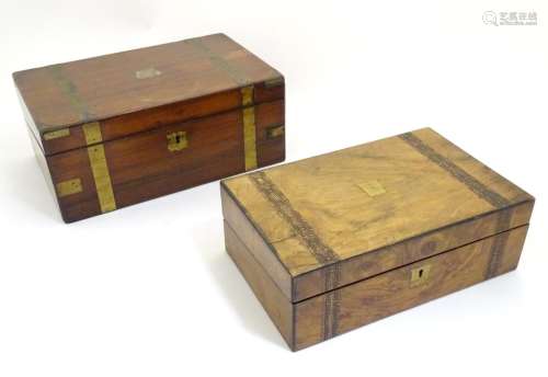 A 19thC walnut writing box with marquetry inlay. Together with a brass bound Victorian writing slope