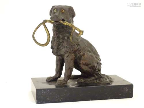 A late 19th / early 20thC bronze desk top inkwell modelled as a dog on a rectangular base. Approx. 5