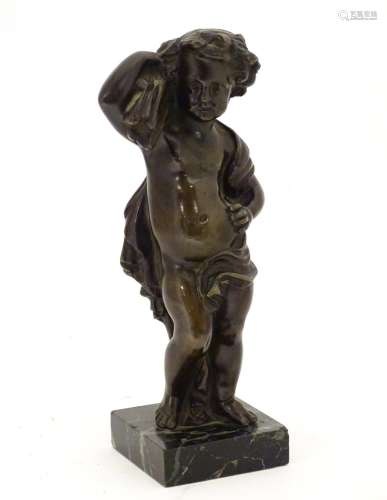 A late 19thC cast bronze figure of a cherub representing Autumn, holding a sheaf of wheat over his