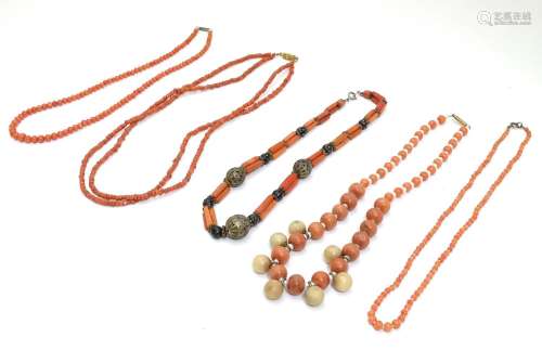 Five assorted coral bead necklaces Please Note - we do not make reference to the condition of lots