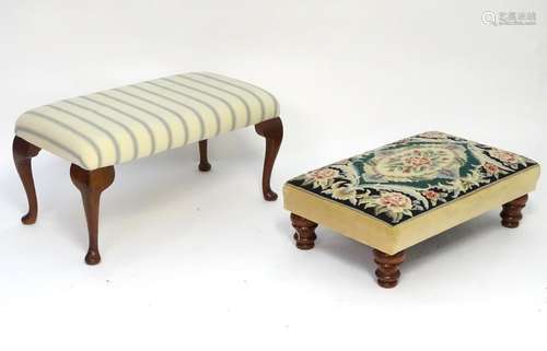 Two late 20thC / early 21st footstools, one with cabriole legs and the other having a needlework top