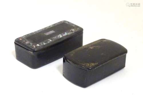 Two 20thC papier mache snuff boxes, one with inlaid abalone decoration, the other with gilt