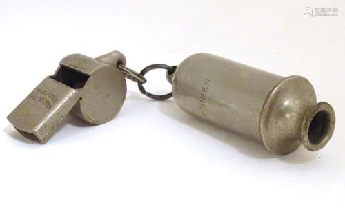 Two early 20thC whistles the Acme Siren police whistle and the Acme Thunderer guard whistle. Longest