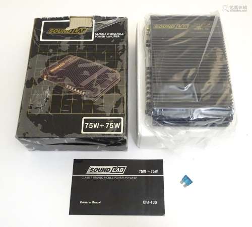 A boxed SoundLab 'CPA100' 75w bridgeable power amplifier (for vehicles) Please Note - we do not make