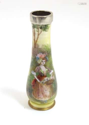 A 20thC bud vase with .925 silver rim and guilloche enamel style decoration and hand painted image