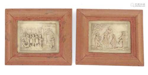 Two Victorian wax plaques with relief and bas relief decoration, one depicting country folk
