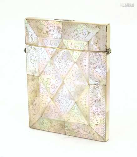 A Victorian mother of pearl card case of rectangular form with a hinged lid and push button release.